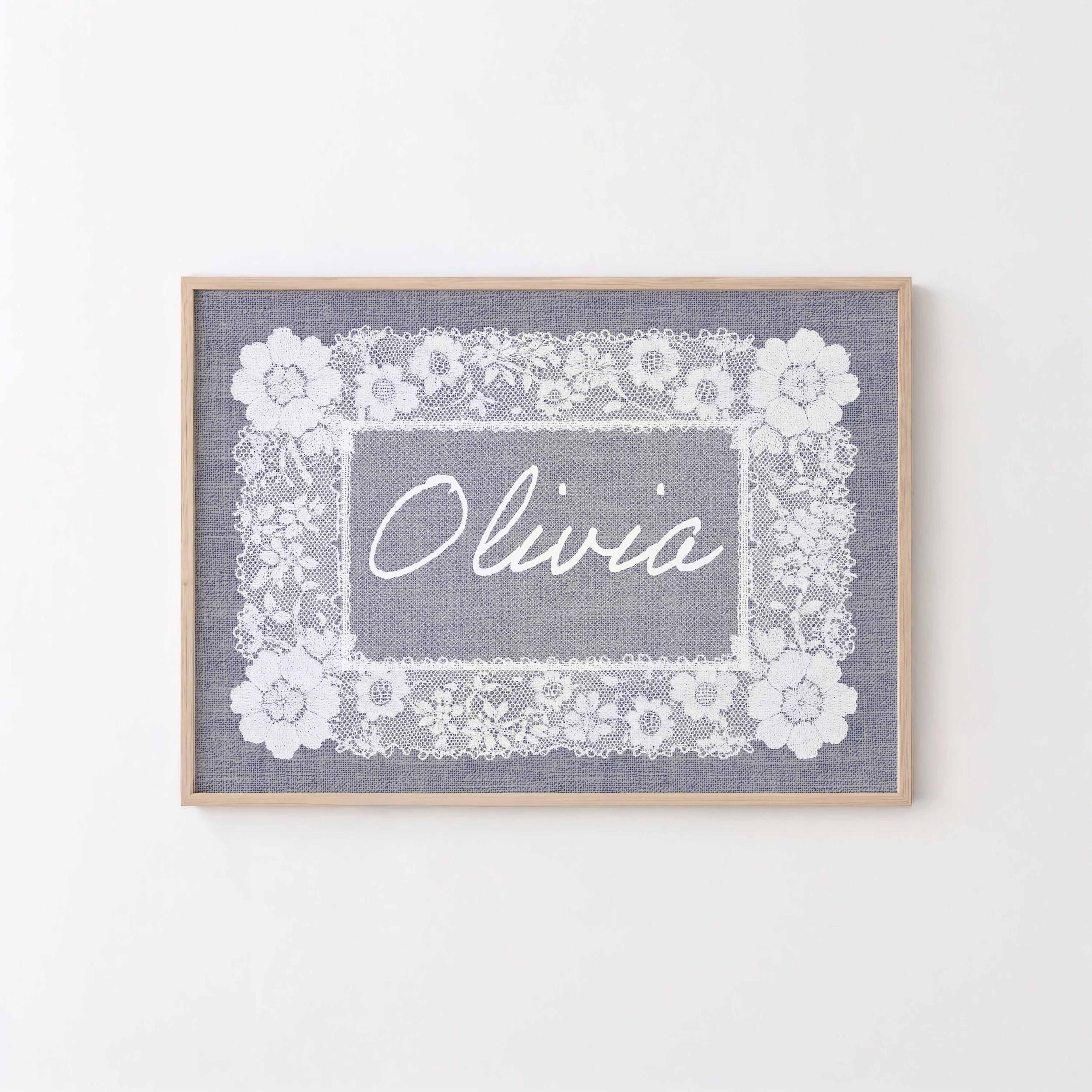 Custom Nursery Decor, Personalized Doily Pattern, Blue Lace Nursery Name, Vintage baby Name Sign, Cottagecore wall art digital Prints Image secondaire du produit