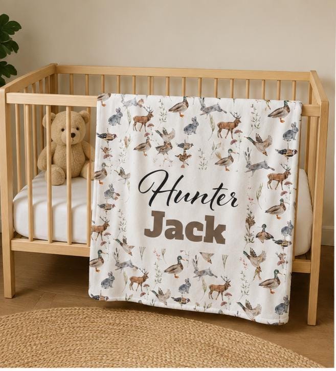 Manta de caza, manta para bebé niño, manta personalizada con nombre de cazador, temática de caza, niño pequeño, animal del bosque, rústico personalizado al aire libre Imagen secundaria del producto