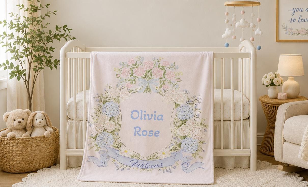 Manta personalizada con corona de hortensias, manta de bienvenida para bebé, regalo personalizado para niña, manta de recuerdo, regalo para recién nacido, manta de terciopelo Imagen secundaria del producto