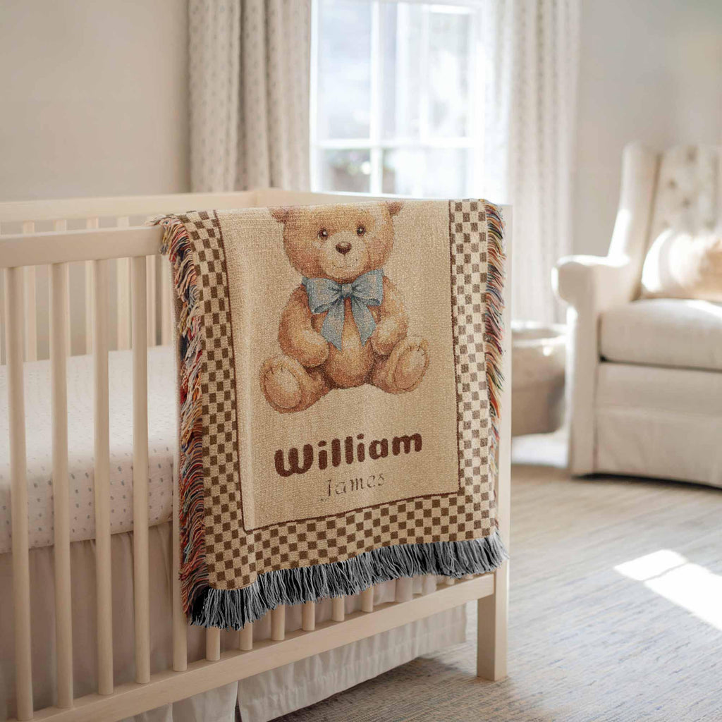 Custom Woven Teddy Bear Baby Blanket Personalized Bear Blanket Nursery Decor,  Newborn Gift, Toddler Birthday Gift, Custom Name Blanket