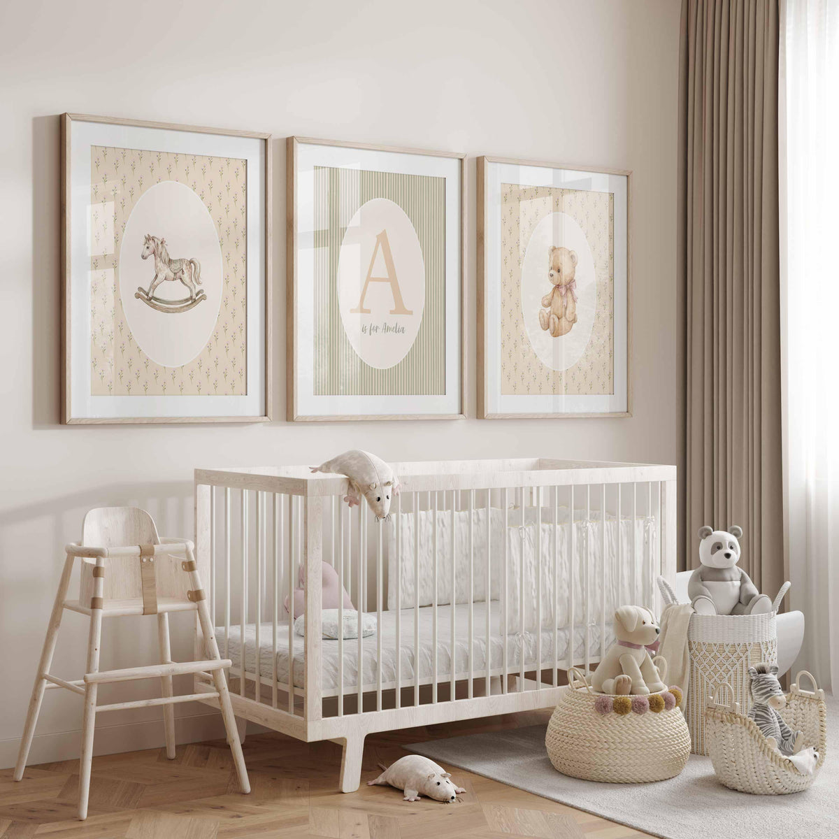 Baby Girl Name Sign, Nursery Prints, Vintage Playroom Decor, Rocking horse Print, Custom Kids Room Decor, Sage Green and Pink Baby Initial Main image