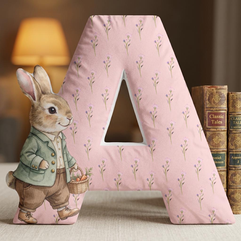 Pink letter A pillow with a painted rabbit in a green jacket Main image