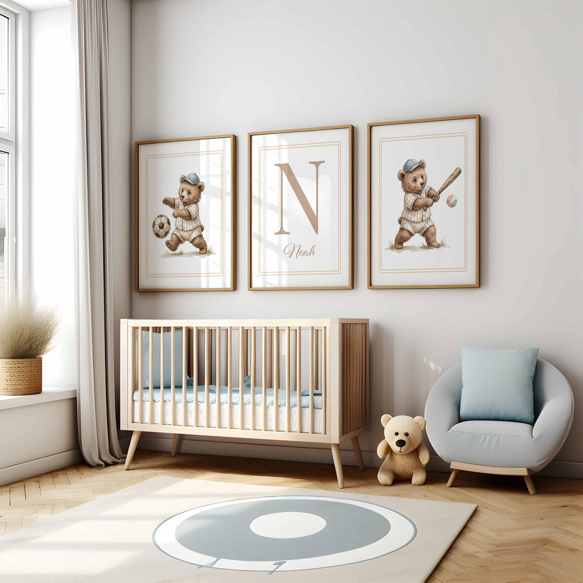 Vintage Teddy Bear Nursery, Custom Name Prints, Set of 3 Boy Nursery Printable, Kids Sporting Wall Art