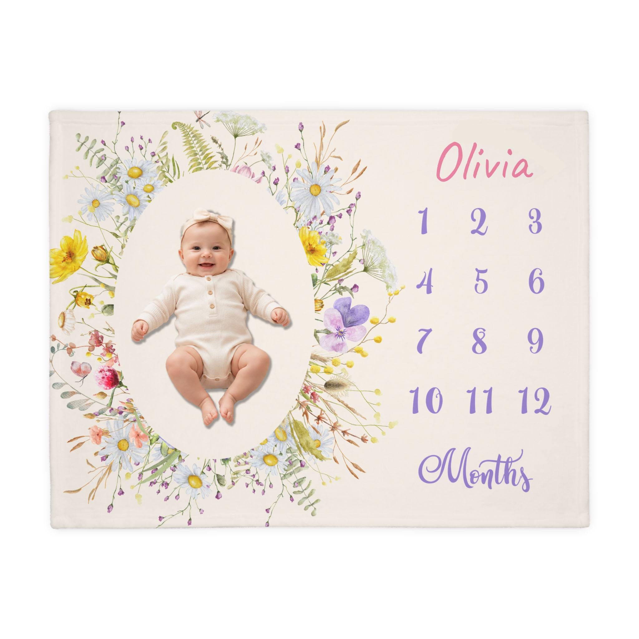 Manta de hitos para bebé con flores silvestres, manta mensual con nombre personalizado, hito mensual para niña, regalo personalizado para recién nacido, terciopelo Minky Imagen secundaria del producto