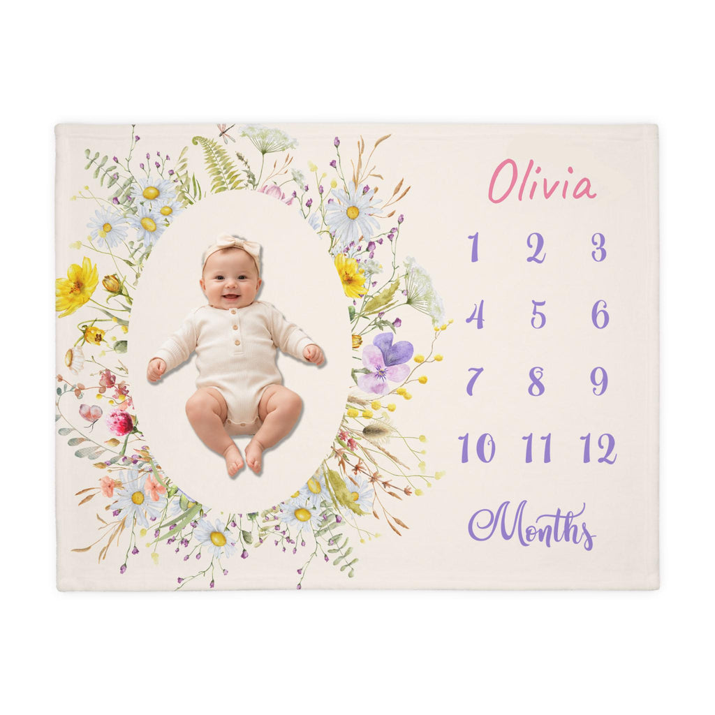 Wildflowers baby Milestone blanket, Personalized Name monthly Blanket, Baby Girl Month milestone,  Custom Newborn Gift, Velveteen Minky