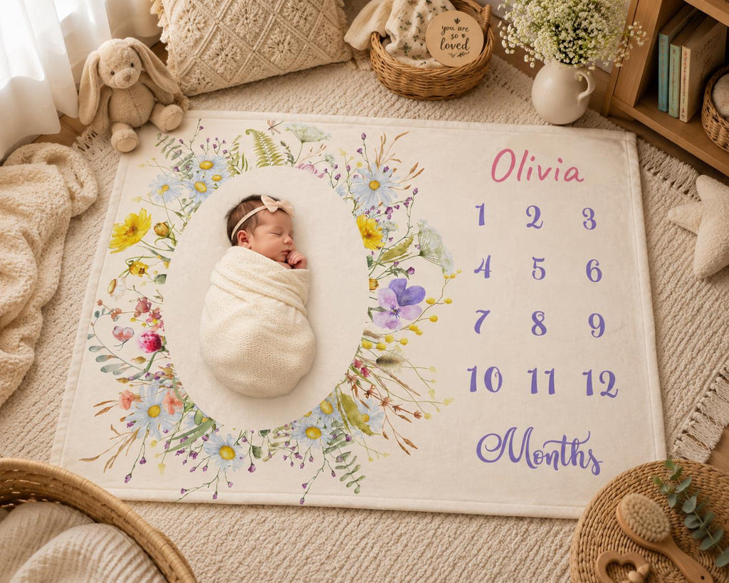 Wildflowers baby Milestone blanket, Personalized Name monthly Blanket, Baby Girl Month milestone,  Custom Newborn Gift, Velveteen Minky