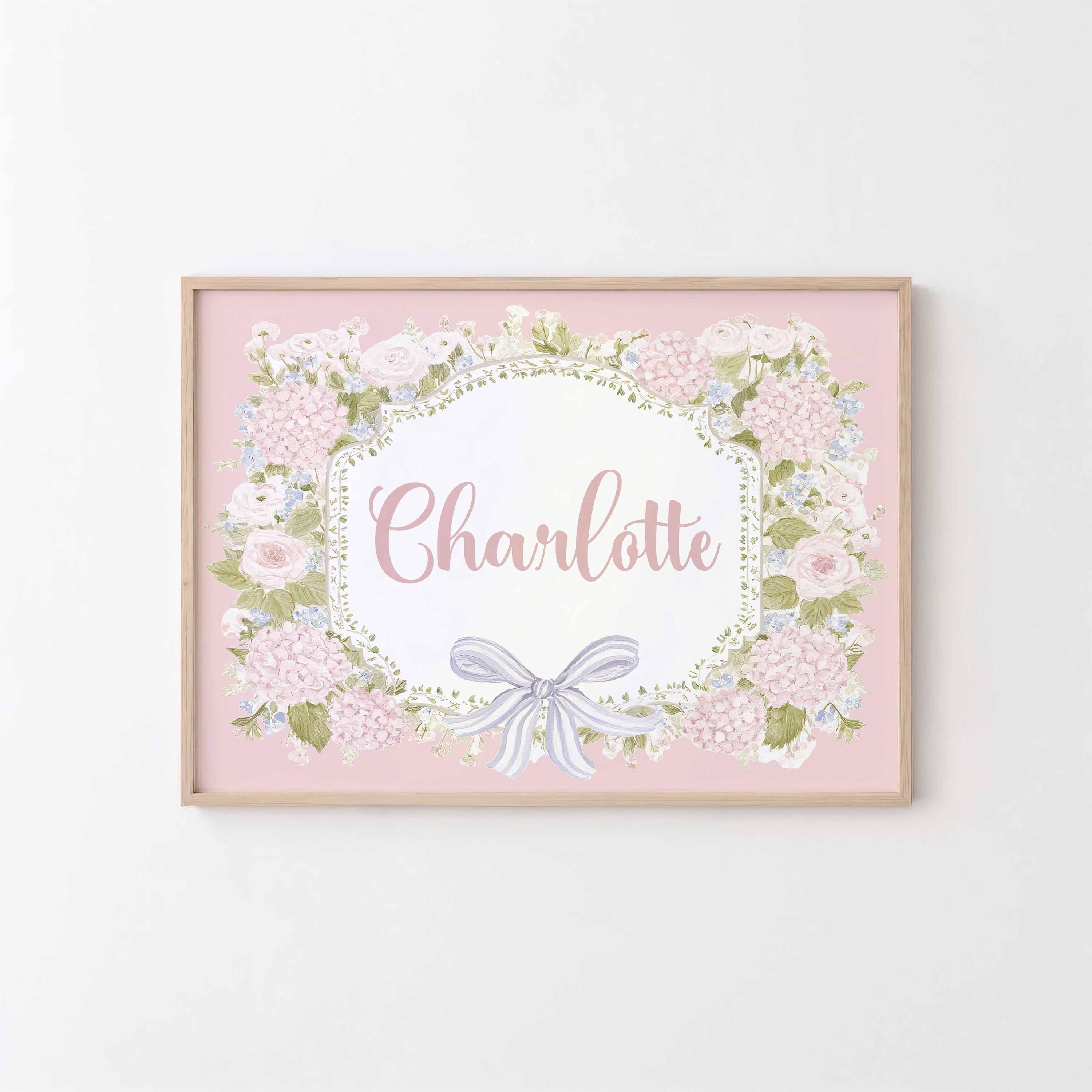 Custom Girl Nursery Name Print, Floral Room wall decor, Hydrangea Bow Frame, Girl Birthday gift, Blush Pink Room sign, Coquette Aesthetic Image secondaire du produit