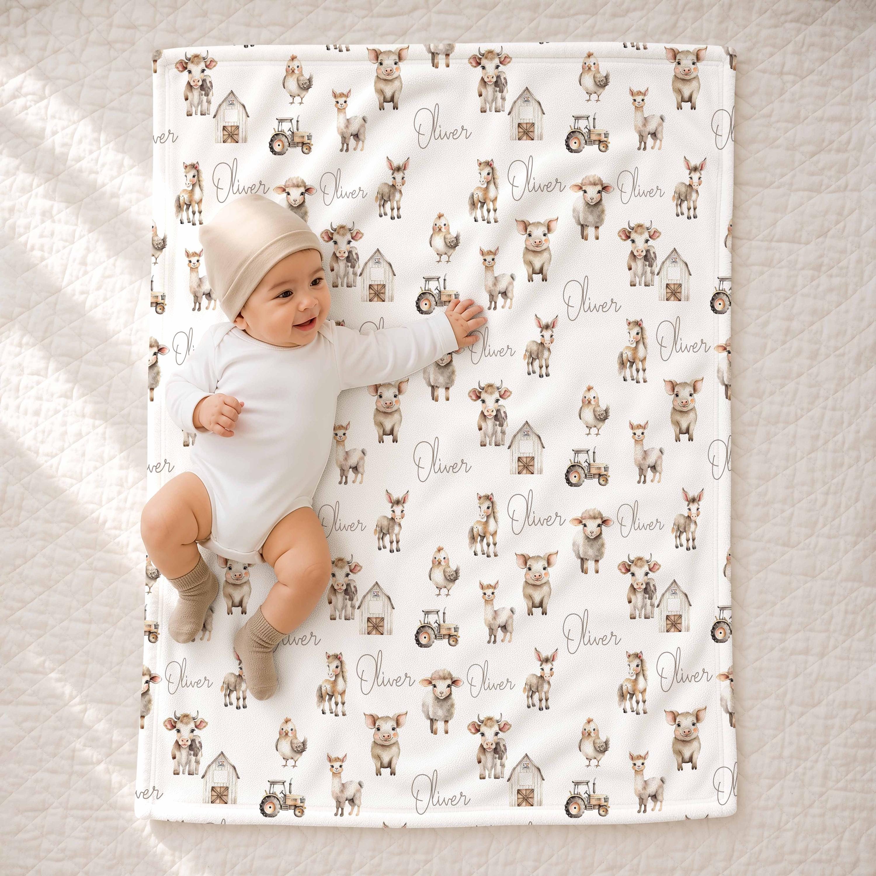 Manta con nombre de animales de granja, decoración de guardería con temática de granja, regalo para bebé niño, recién nacido, manta de hospital para bebé niño con nombre Imagen secundaria del producto