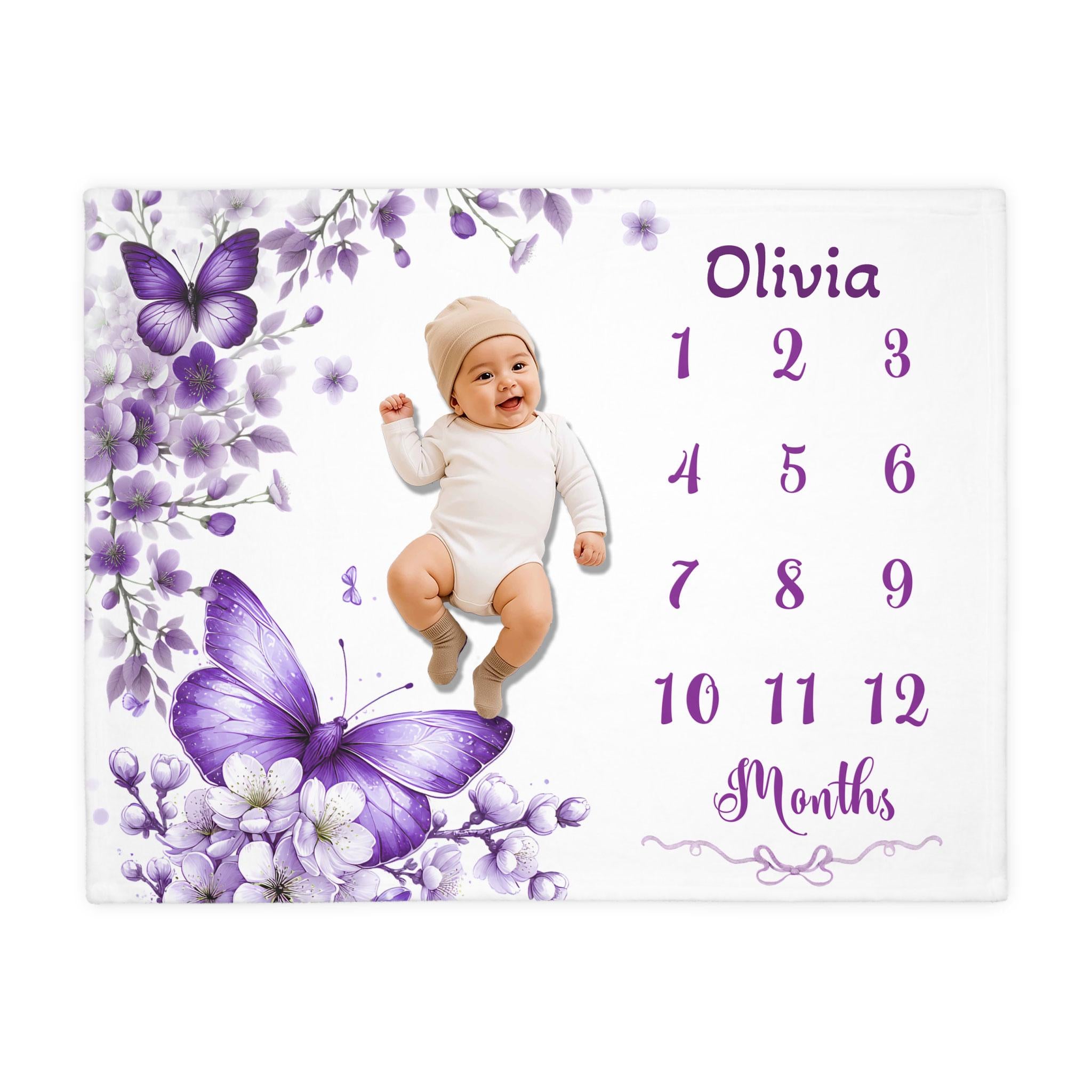 Manta de hitos para bebé con flores moradas, manta personalizada con nombre, mariposas y flores para niña, accesorio para fotos del primer año, hitos mensuales, decoración de cuarto infantil Imagen secundaria del producto