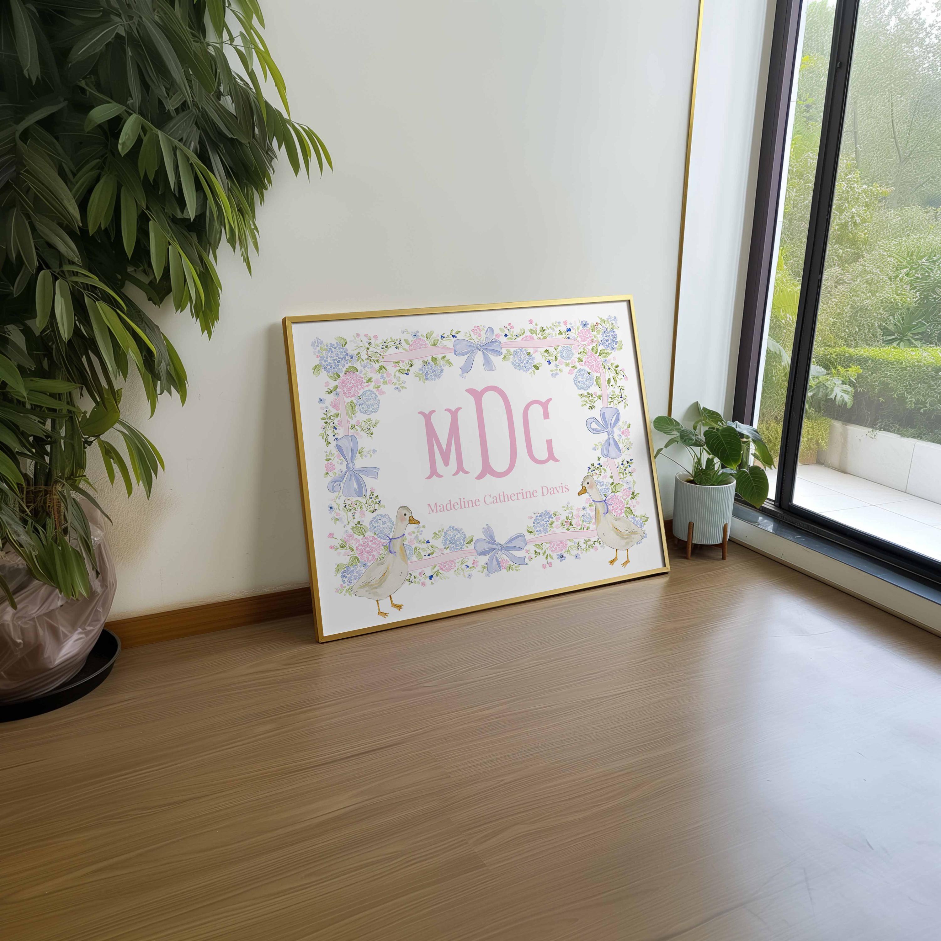 Monogram Nursery Wall Art, Grandmillennial Nursery, Pink and Blue Girl Nursery Print, Bow Baby Name Above Crib Wall Decor, Silly Goose Girl Imagen secundaria del producto