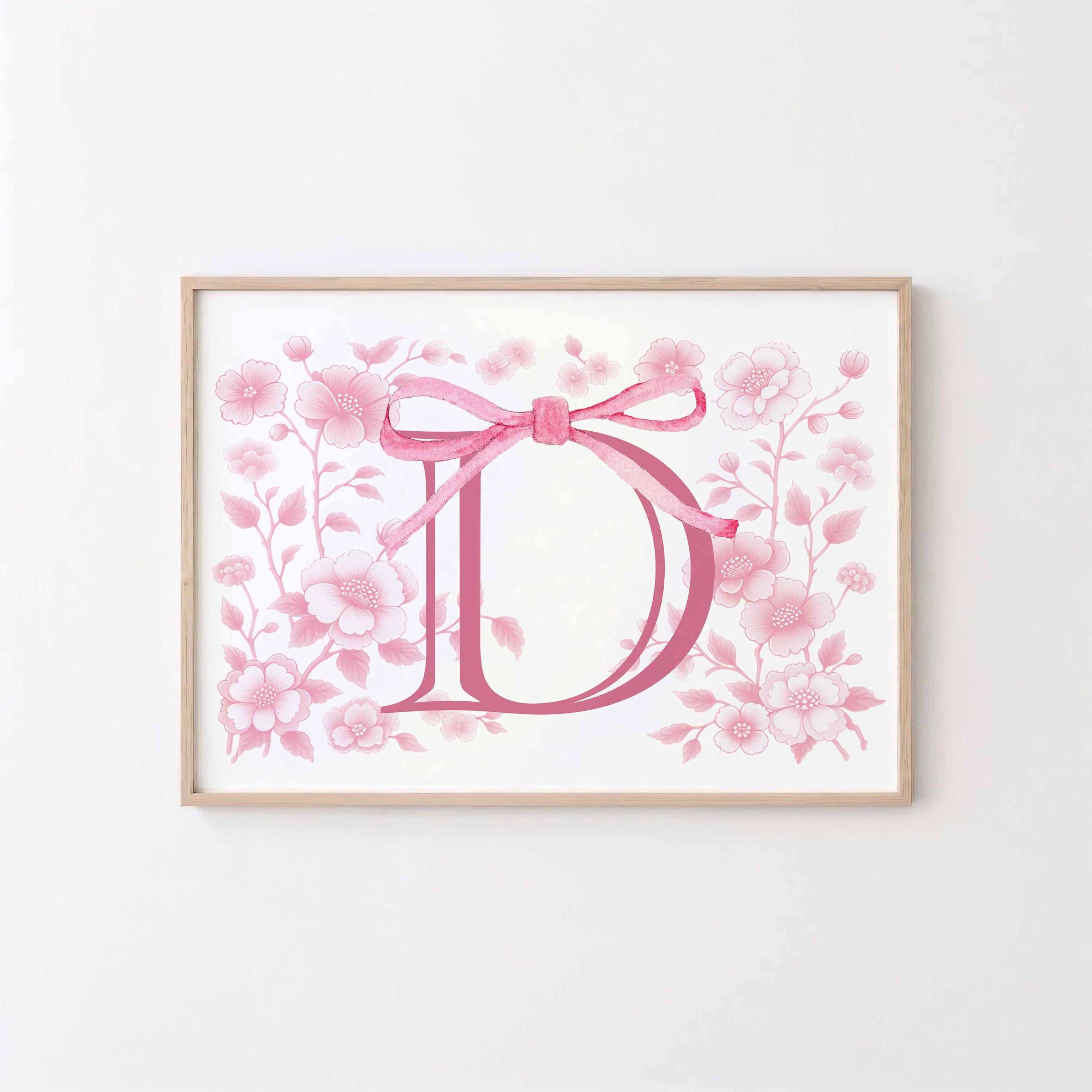 Monogram Bow Nursery Name Print, Initial Letter Name Art, Girl Bedroom Decor, Above the Crib Printable, Pink chinoiserie Custom wall art Image secondaire du produit