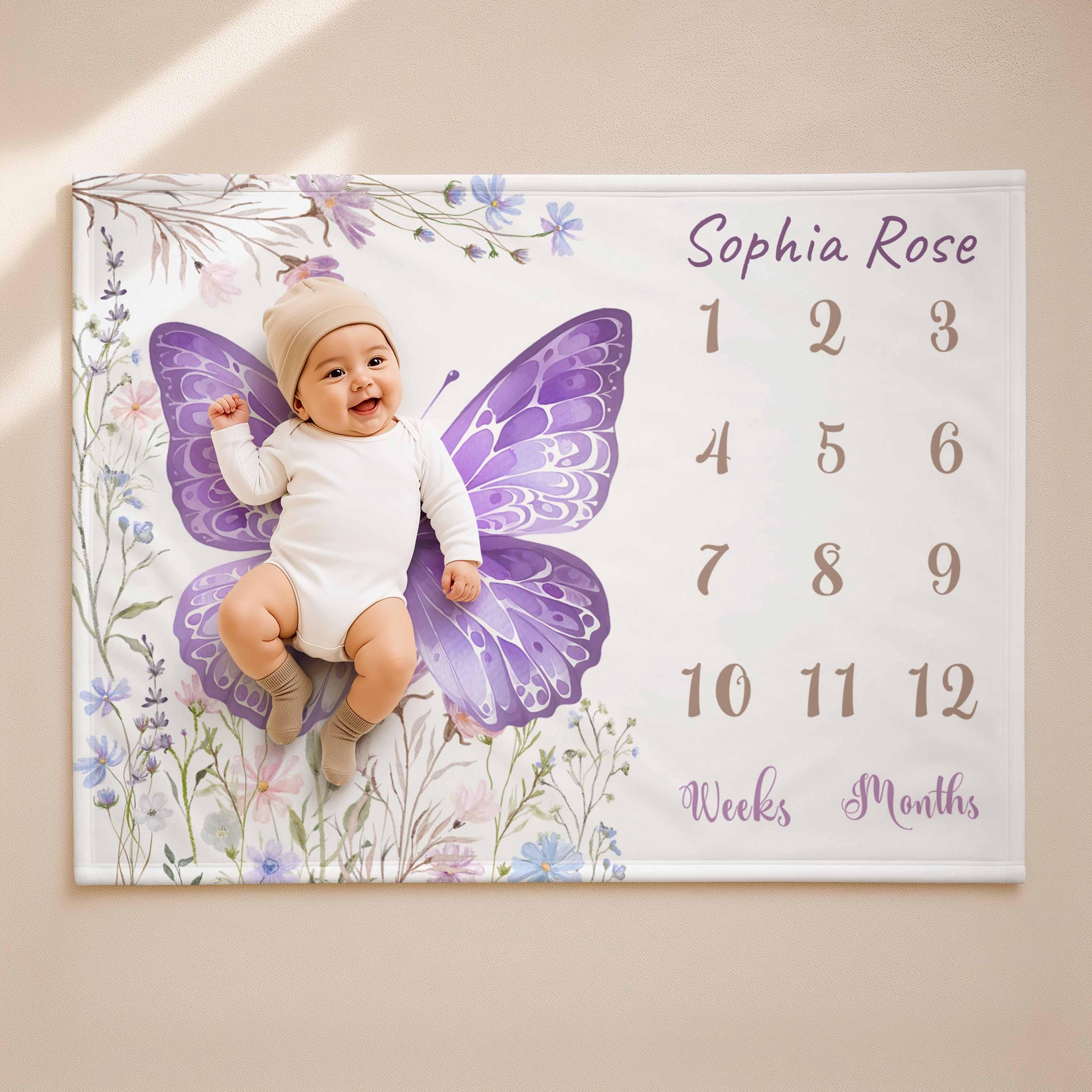 Manta de hitos de mariposa, manta con nombre personalizado, accesorio para fotos mensuales de bebé, decoración de guardería morada, manta de regalo para recién nacido, manta para llegada a casa Imagen secundaria del producto