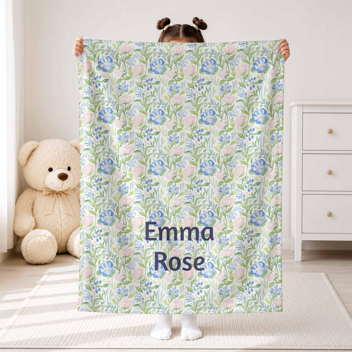 Custom Name Blanket, Floral Baby Sage green and blue Blanket, Velveteen Throw Girl gift, Baby Girl Nursery Decor, First Birthday Gift Main image