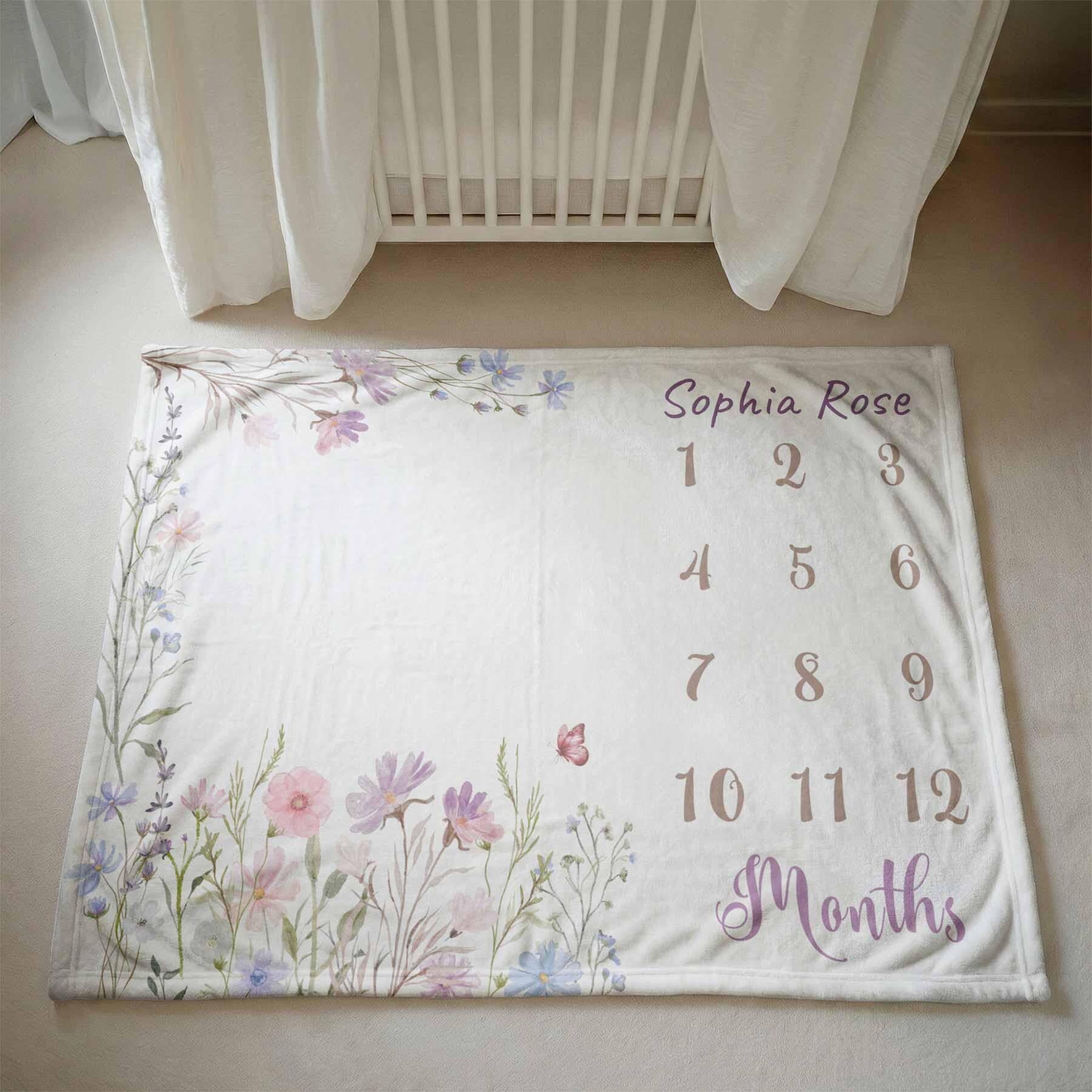 Manta de hitos para bebés Wildflowers, manta con nombre personalizado, manta para traer a casa, recuerdo mensual para niña, decoración de cuarto infantil con flores Imagen secundaria del producto