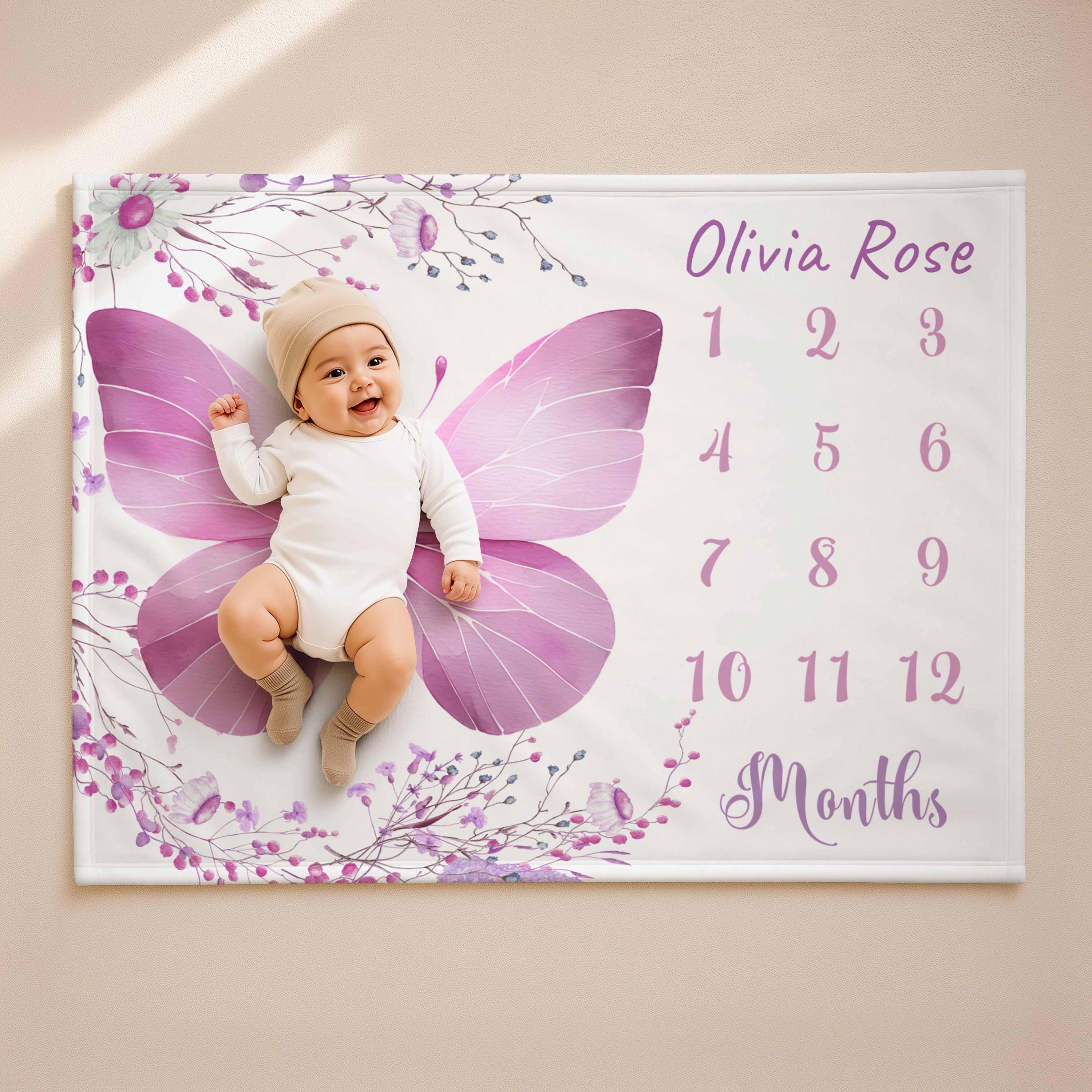Manta de hitos de mariposas, manta con nombre personalizado, manta mensual para bebé para fotos, anuncio de nacimiento, seguimiento del crecimiento, regalo de recuerdo Imagen secundaria del producto
