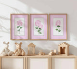 Pink Hydrangea Print, Set of 3 hydrangeas, Stripes Coastal Decor, Trendy Grandmillennial Wall Art, Watercolour Flowers, Living room artwork