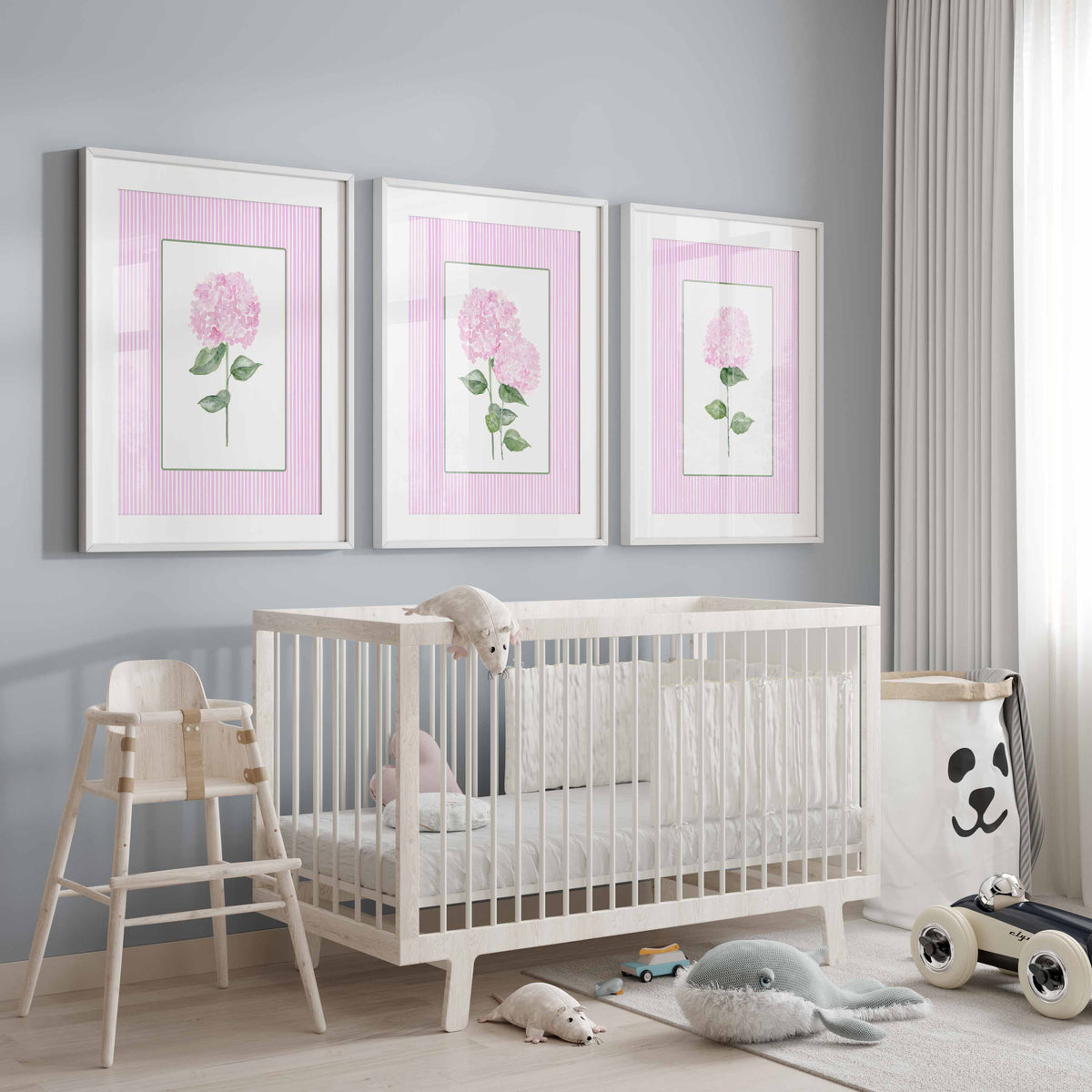 Pink Hydrangea Print, Set of 3 hydrangeas, Stripes Coastal Decor, Trendy Grandmillennial Wall Art, Watercolour Flowers, Living room artwork