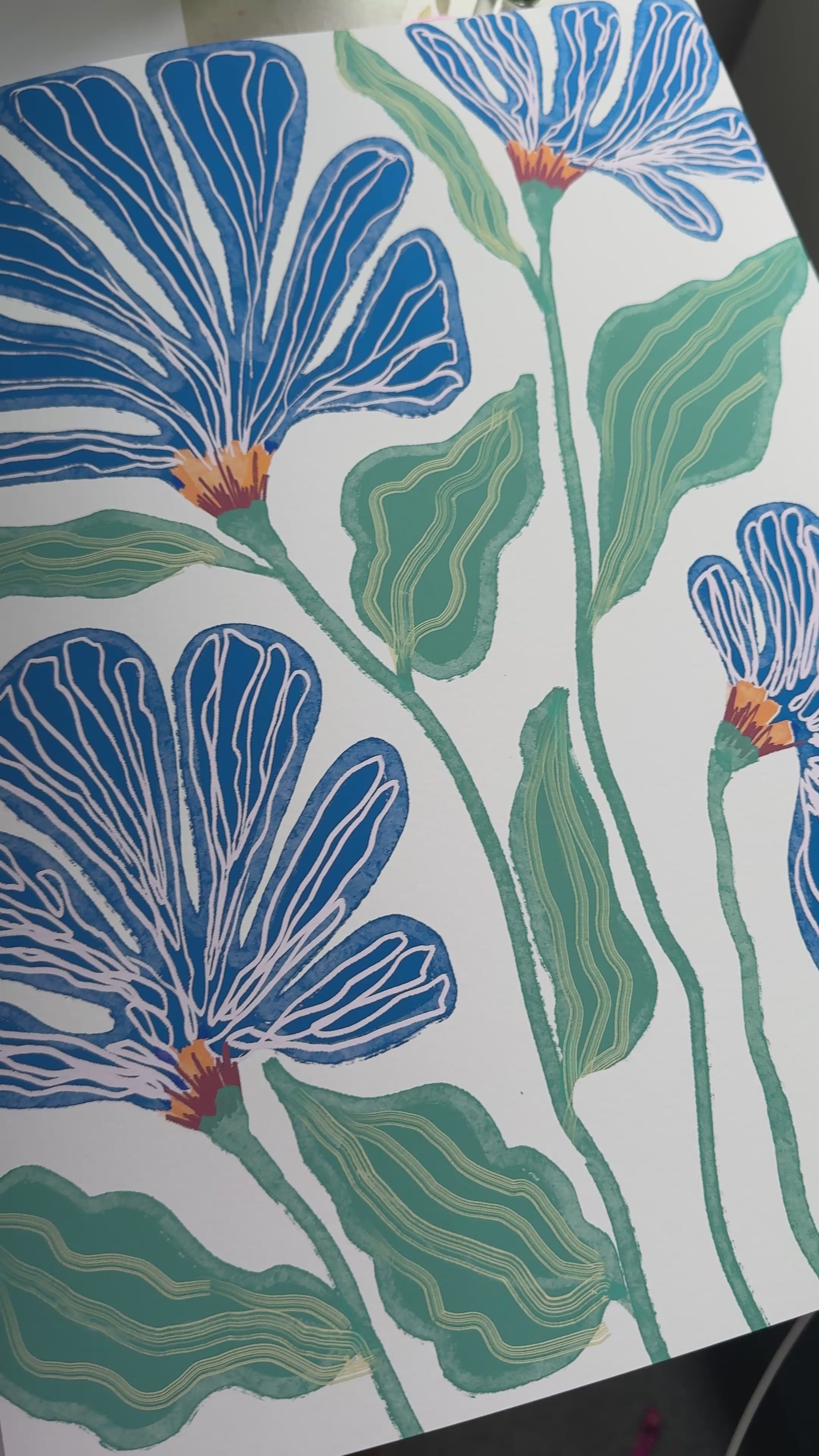 Set of 3 prints, Blue and green Floral wall art, botanical Bedroom Print, beige Living room Artwork, Navy Indigo bathroom Abstract Flower