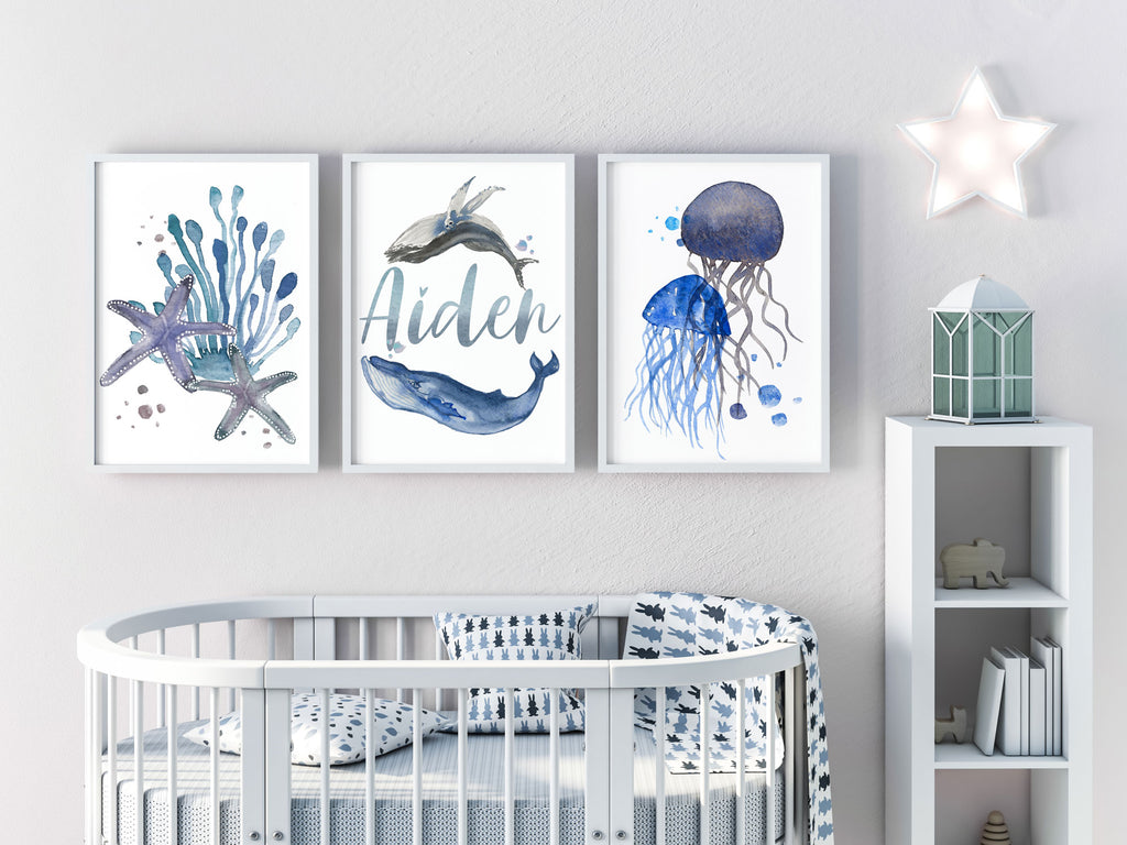 Set of 3 Baby Name for Nursery Art Prints, Baby Boy Nursery Nautical