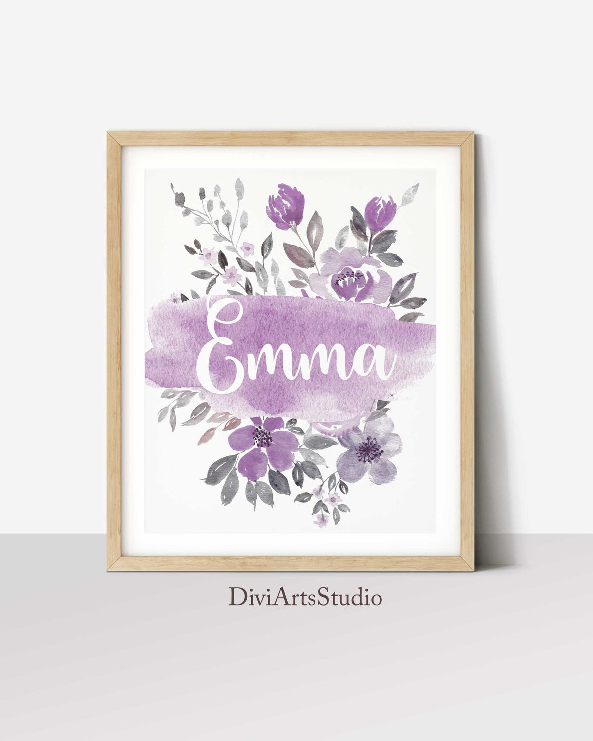Purple Nursery Decor, Girl Nursery Floral Name Print