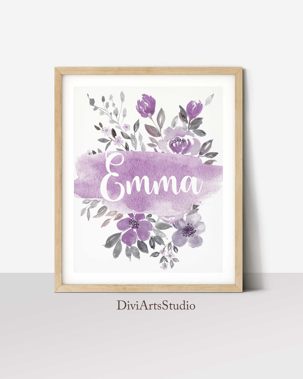 Purple Nursery Decor, Girl Nursery Floral Name Print