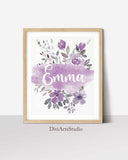 Decoración de guardería morada, lámina floral con nombre para niña