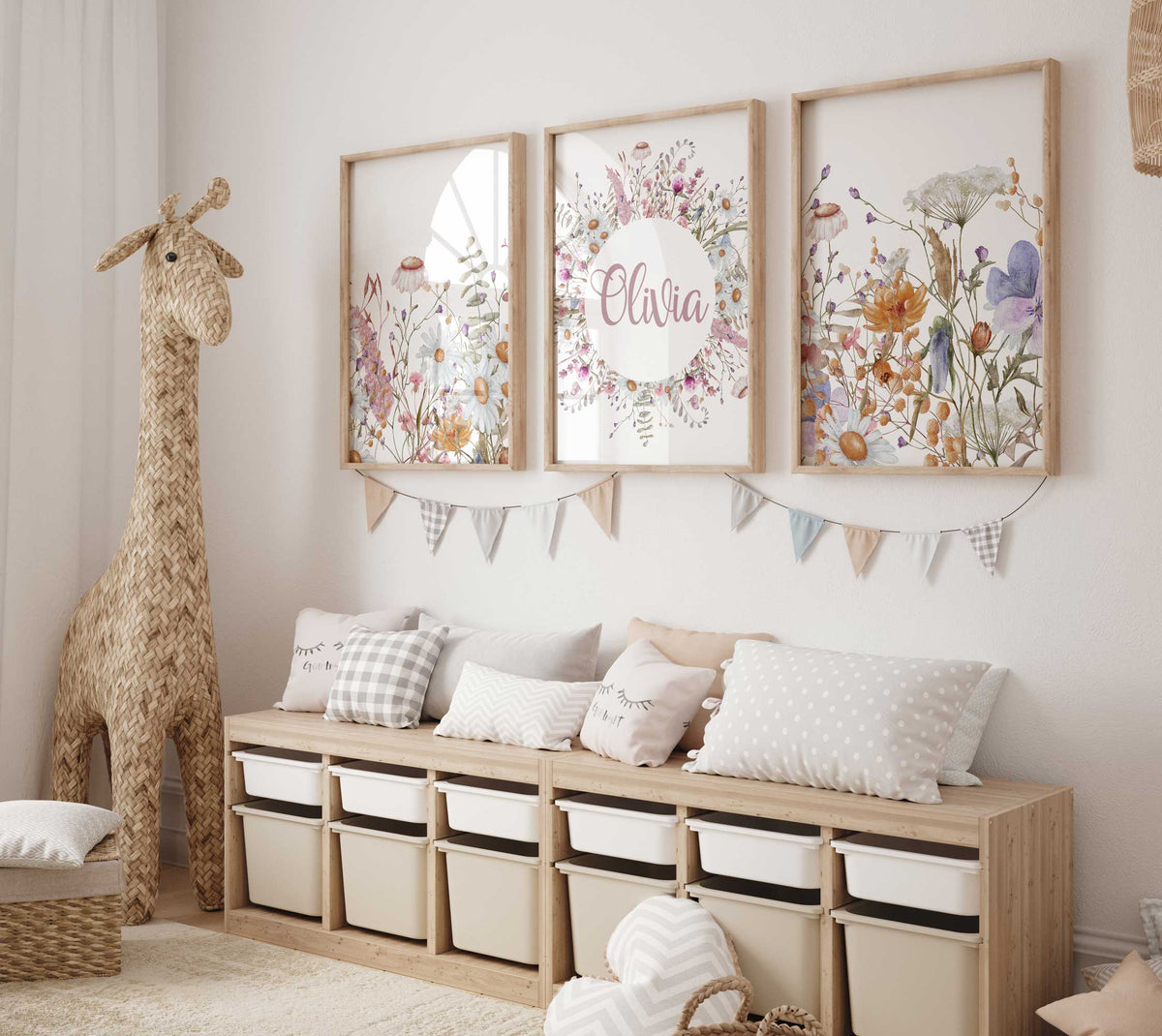 Personalized Girl Nursery Name Print, Set of 3 Nursery Prints, Wildflowers Wall Art Main image