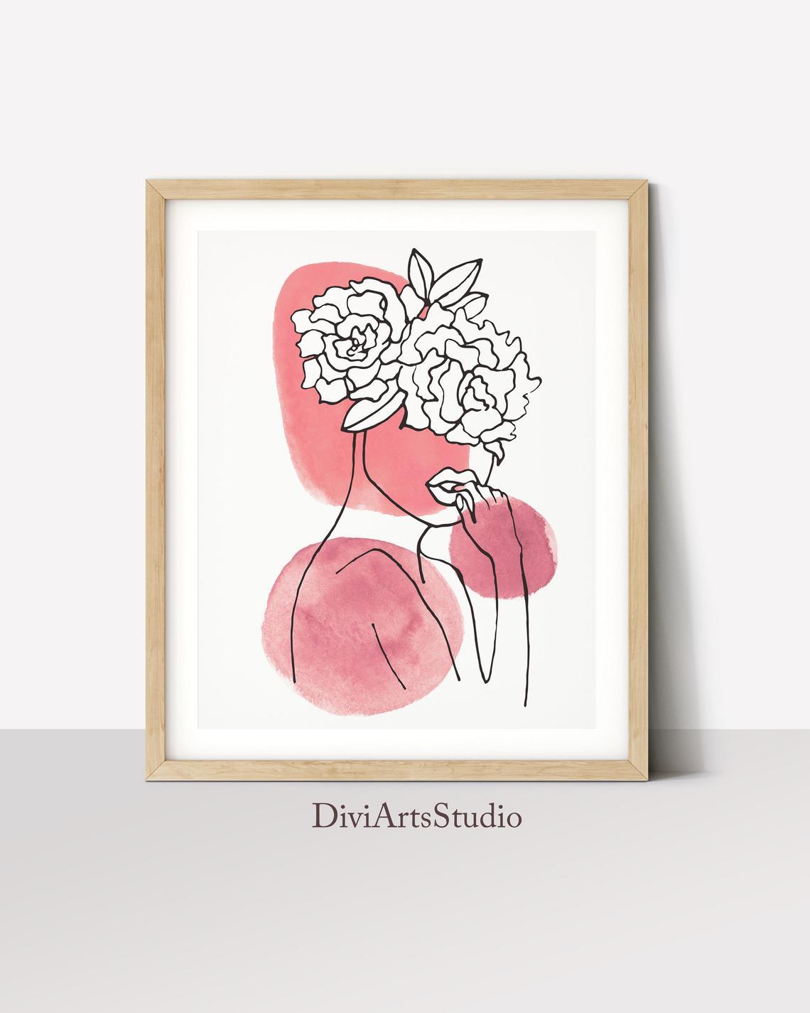 Blush Pink Wall Art, Minimal Woman Flower Line Art Print