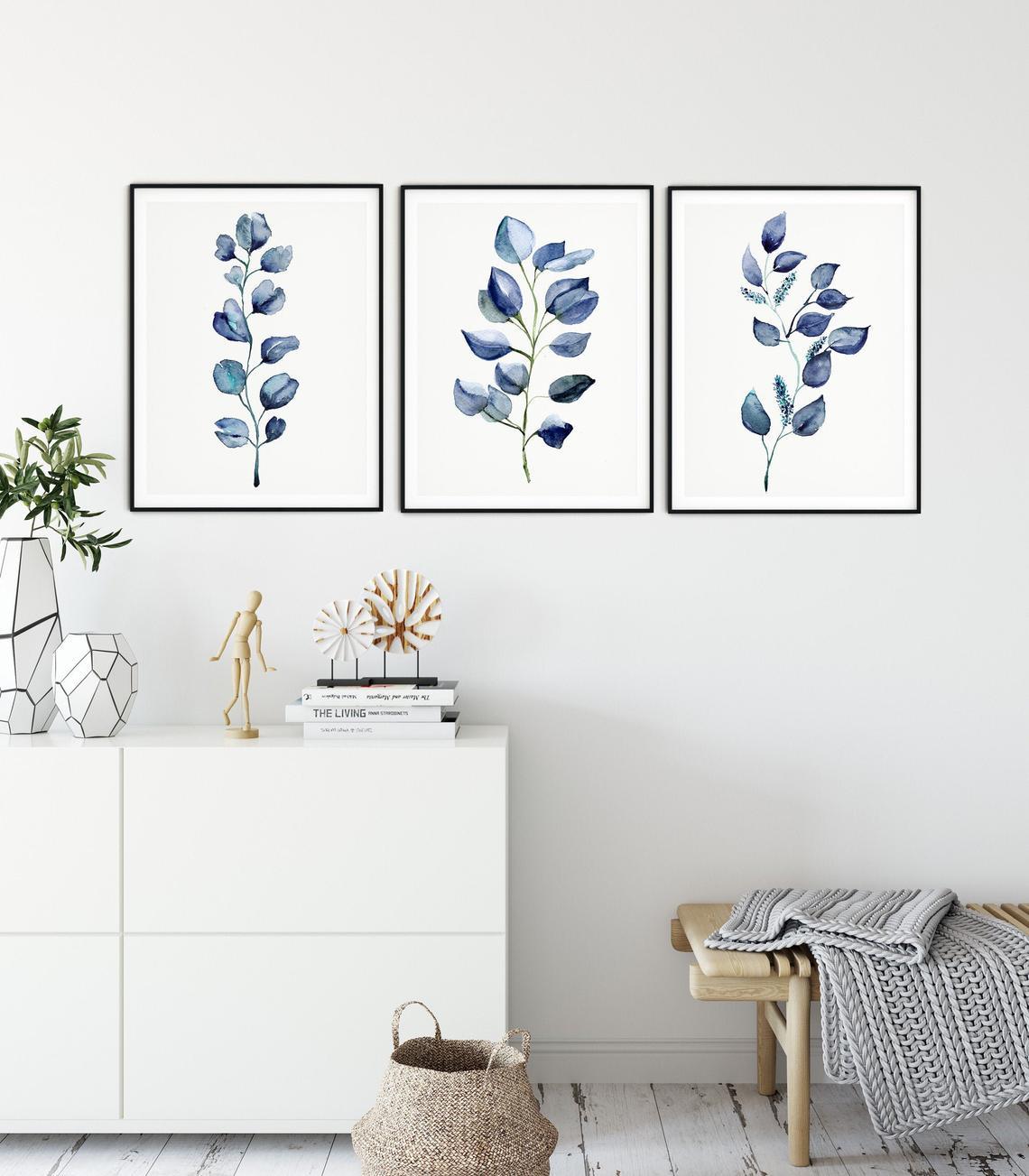 Blue Botanical Art Print, Set of 3 Wall Art Prints