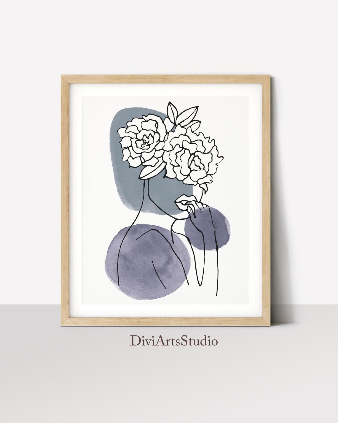 Blue Abstract Woman Wall Art, Blue Bedroom Abstract Print Main image