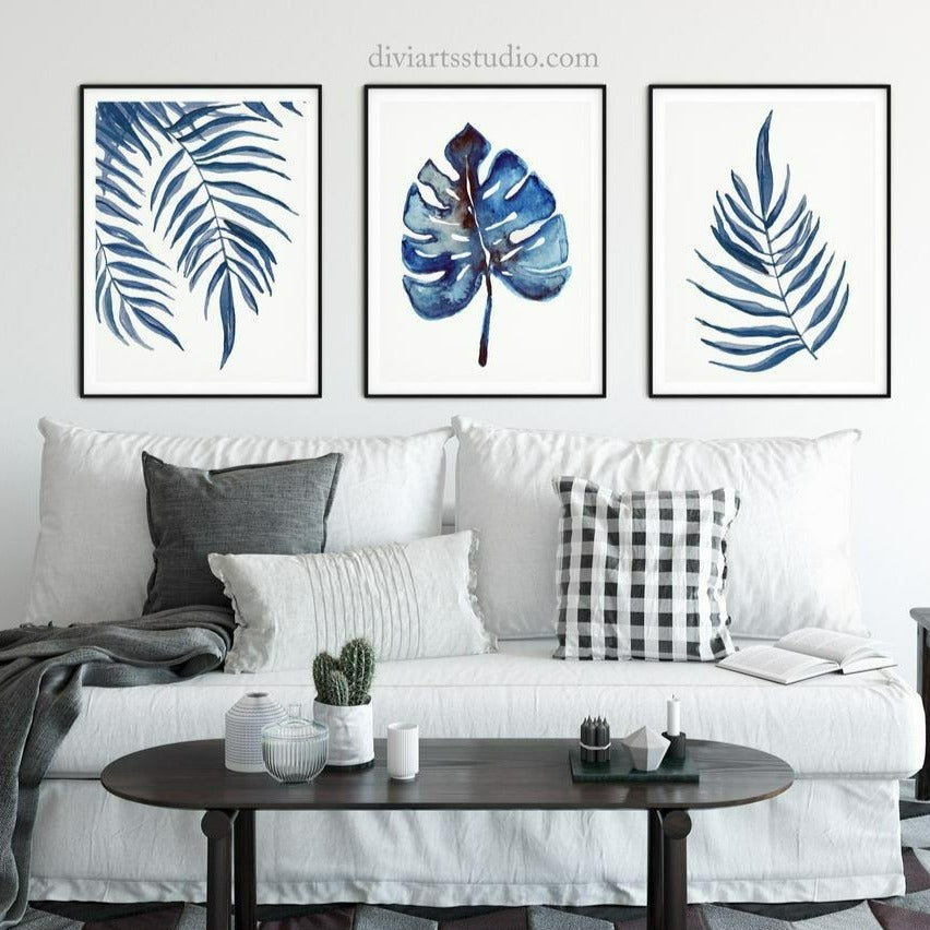 Tropical Leaf Art Prints, Set of 3 Blue Fine Art Prints
