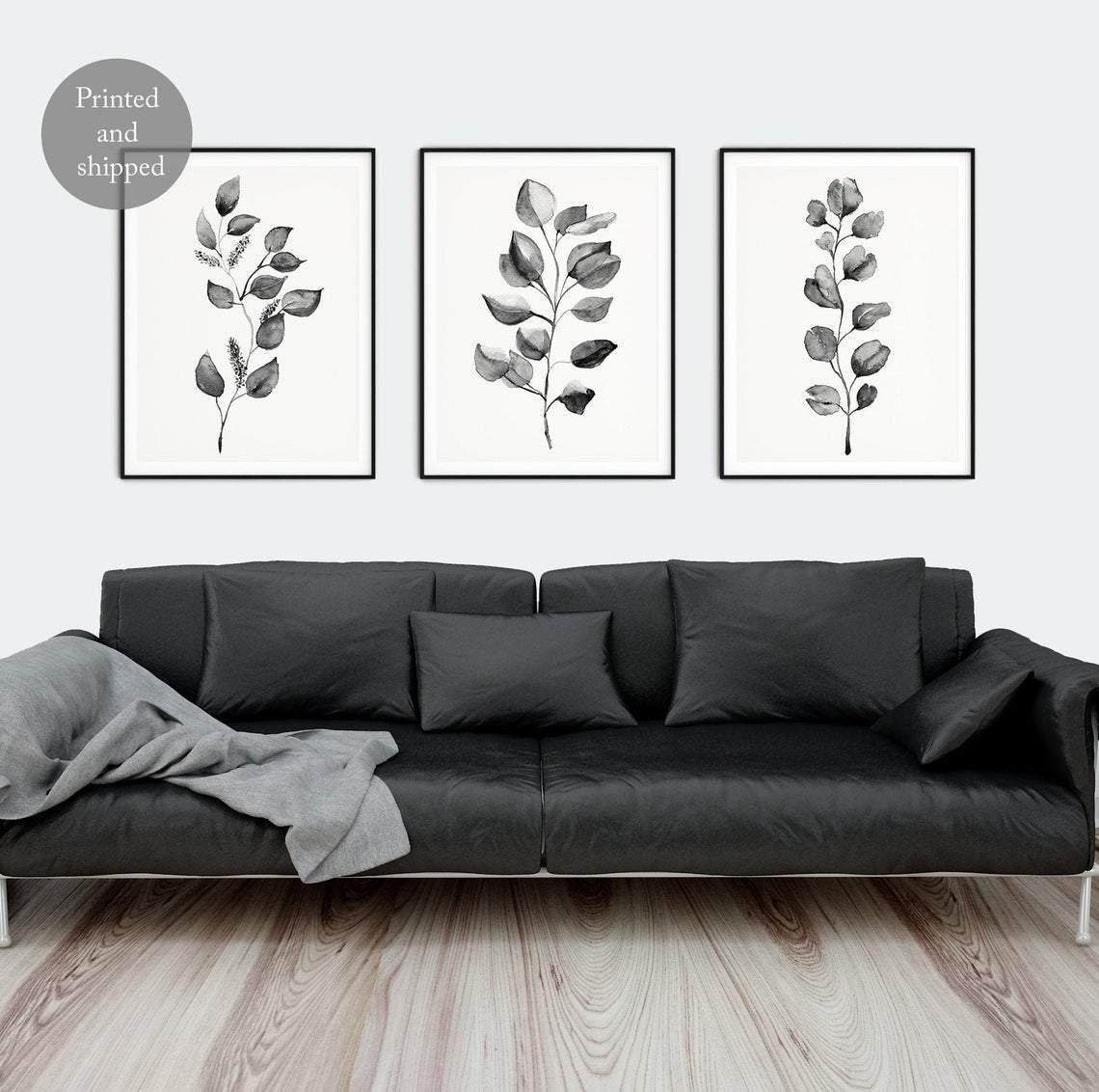 Eucalyptus Art Print, Set of 3 Black Leaf Wall Art