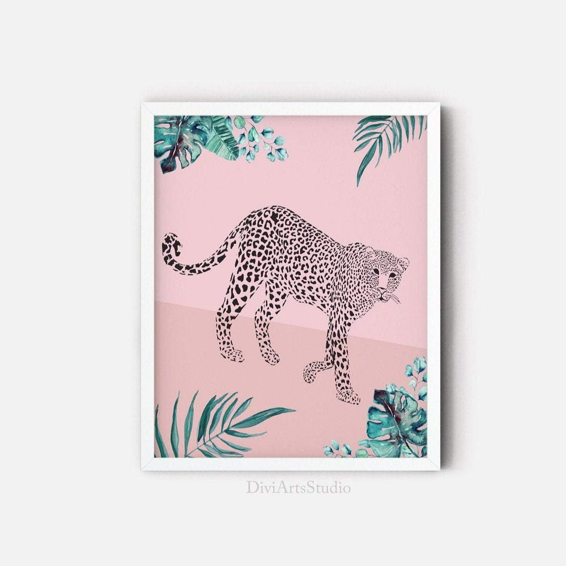 Blush Pink Wall Art, Safari Leopard Art Print