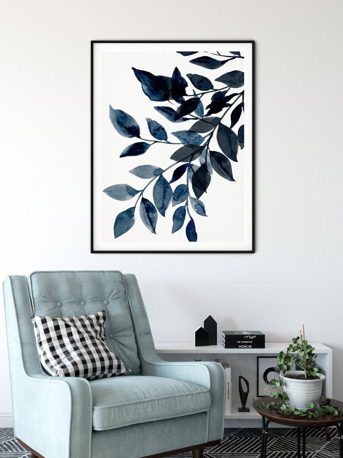 Abstract Blue Leaf Prints, Botanical Leaf Print Art in Navy Blue