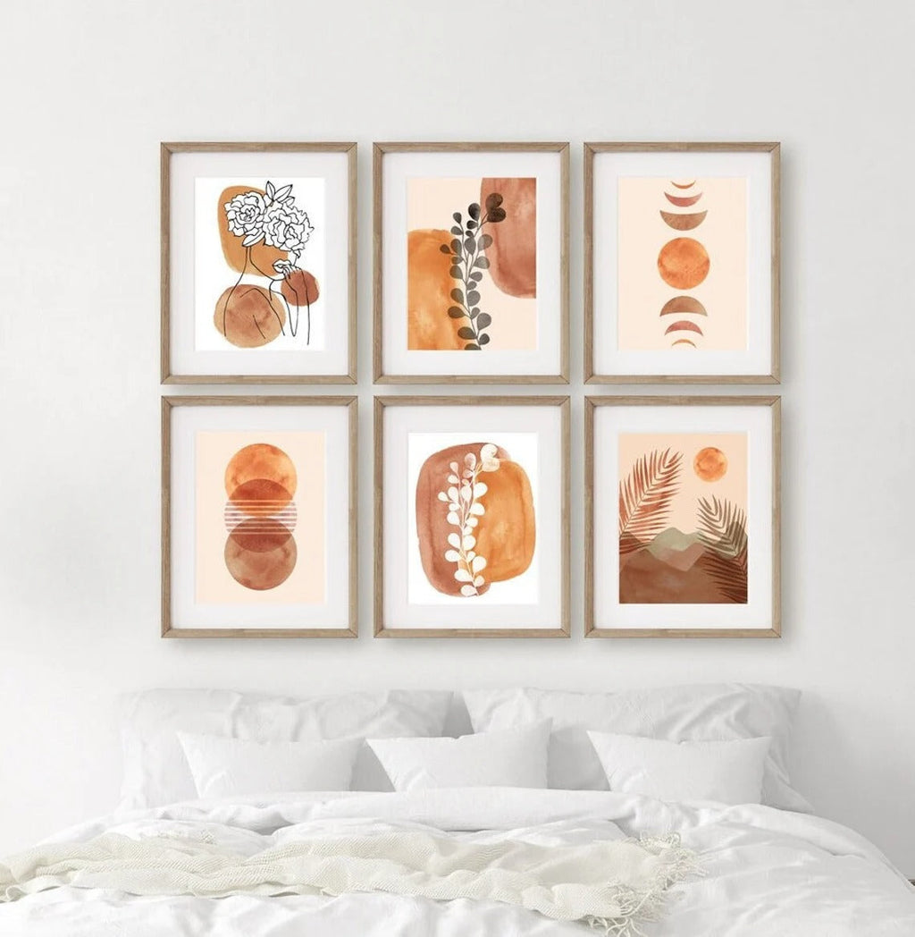 BOHO PRINTS Set of 6, Mid Century Modern Wall Art Bohemian art, Gallery wall art set, Modern Abstract Prints Set Boho, Sun Moon Art
