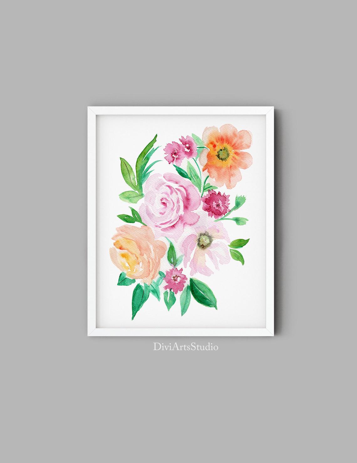 Beautiful Floral Art Print, Orange Pink Flowers Peonies Art Print Main image