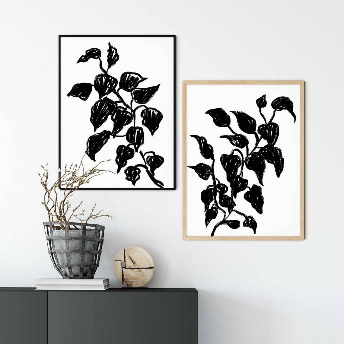 Set of 2 Black Leaf Prints, Modern Black White Wall Art Print
