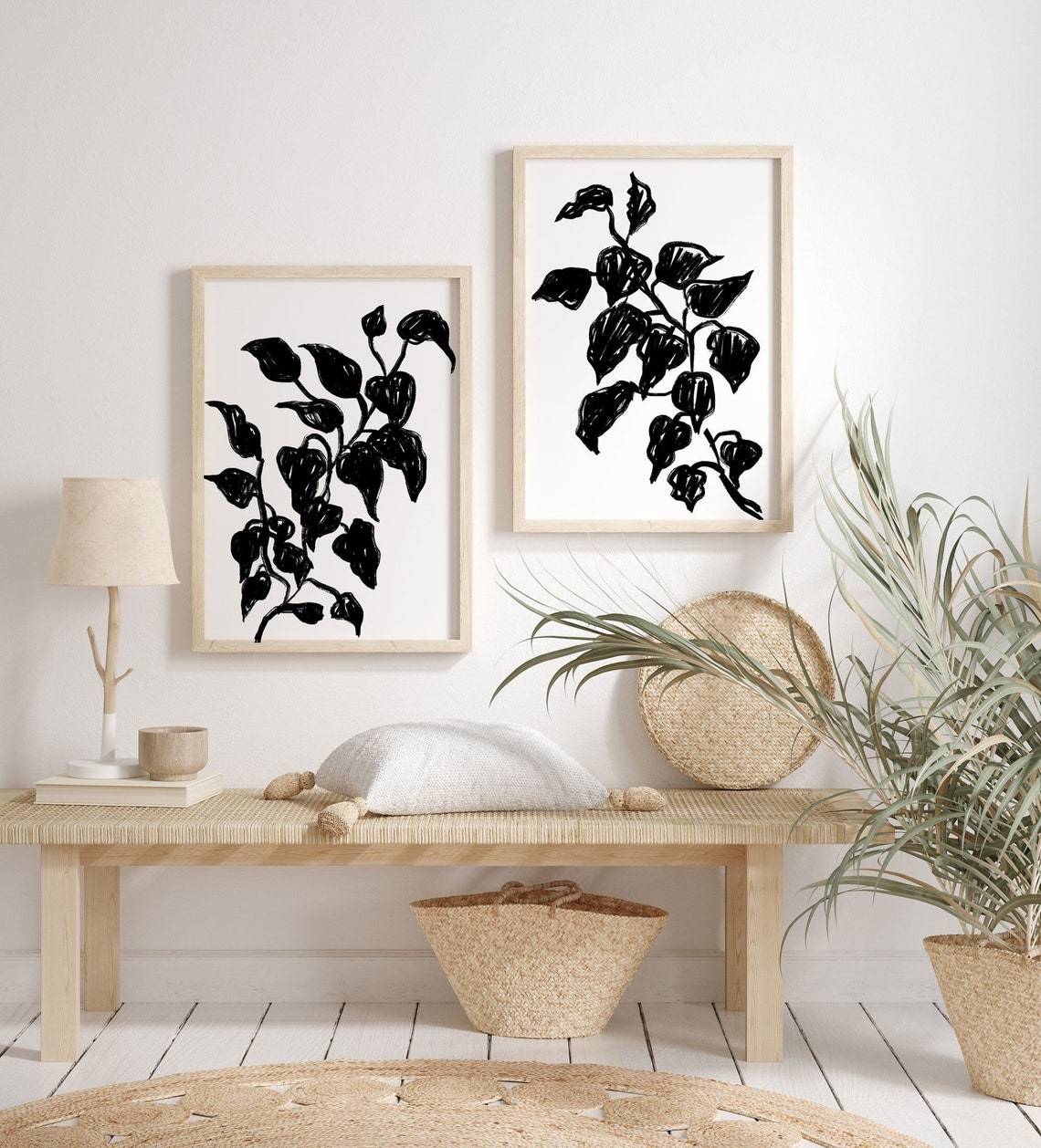 Set of 2 Black Leaf Prints, Modern Black White Wall Art Print Main image