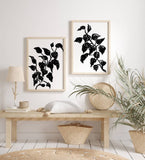 Set of 2 Black Leaf Prints, Modern Black White Wall Art Print
