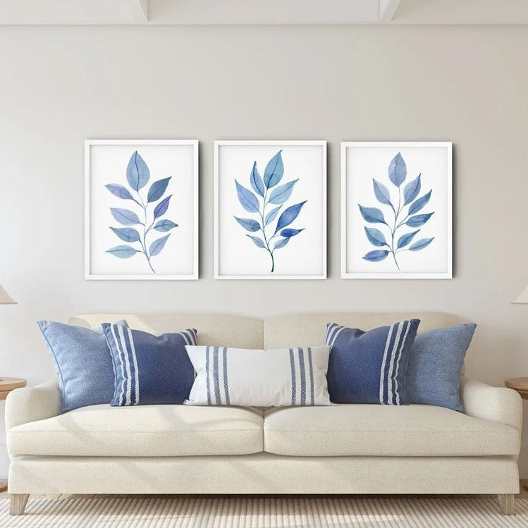 Blue Leaf Print set of 3, Botanical Wall Art, Watercolour Eucalyptus Print, Blue bathroom decor, Living Room Art Prints, Home Office Art Main image