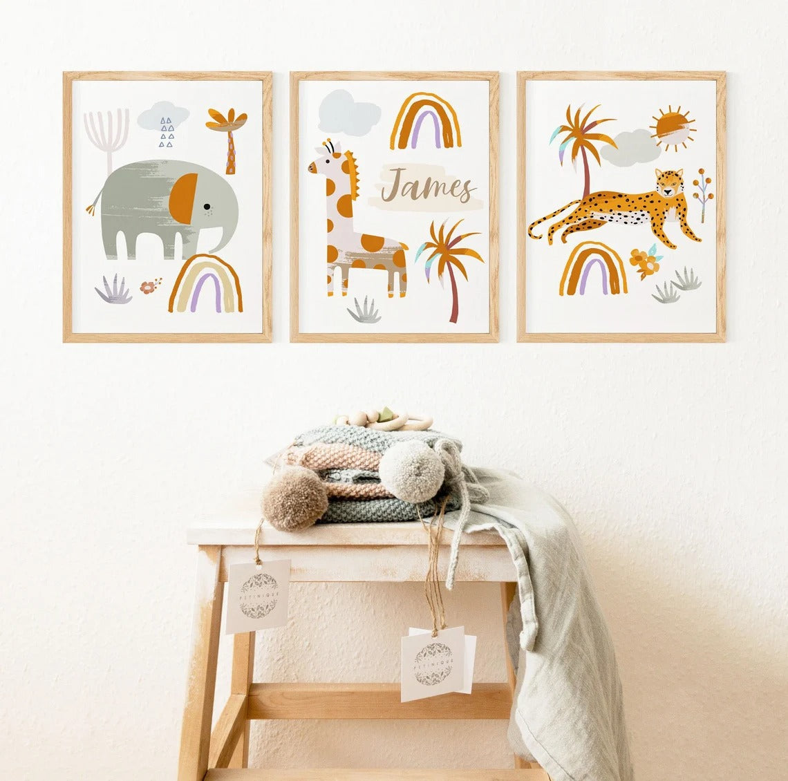 Custom Baby Name Print for Nursery, Boho Safari Nursery Print, Nursery Name Print Boys, Nursery Safari Prints, Animal nursery wall art Main image
