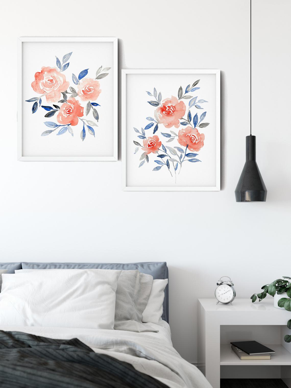 Floral Wall Art, Floral WaterColour Wall Art, Set of 2