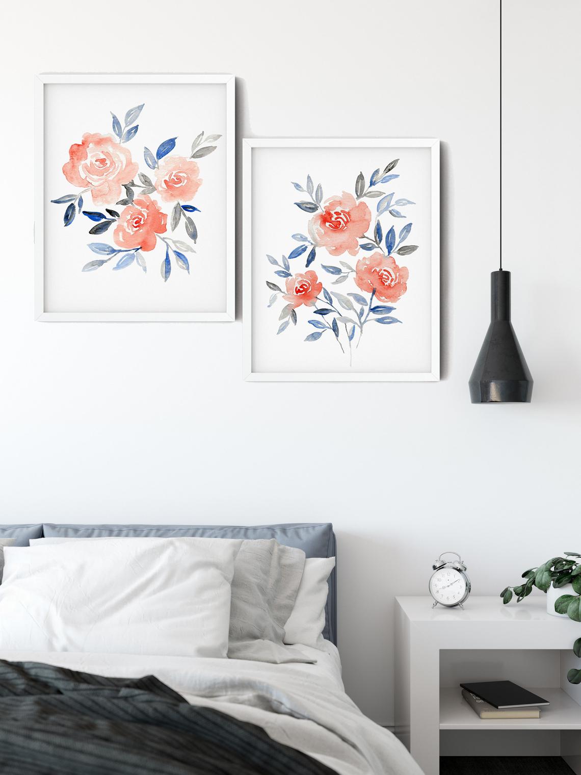 Floral Wall Art, Floral Watercolour Wall Art, Set of 2