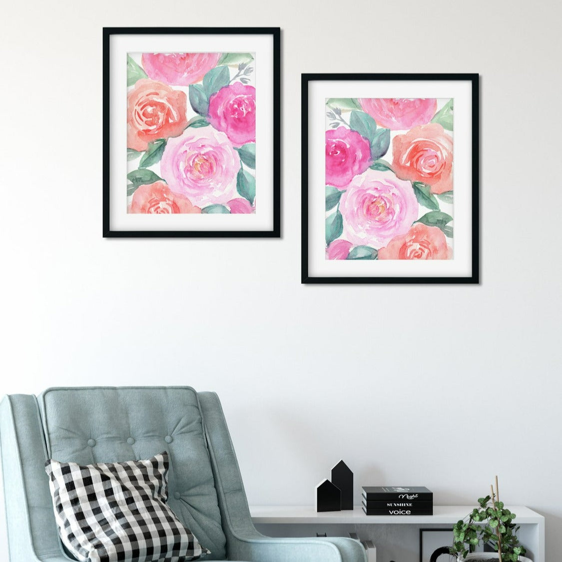 Floral Wall Art, Set of 2 Pink Roses Art Print