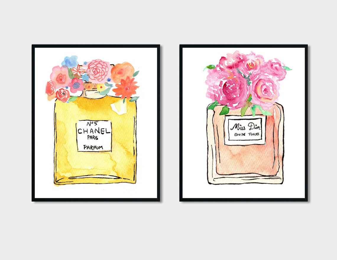Perfume Bottle Print Wall Art, Colourful Powder Room Wall Art Décor, Set of 2