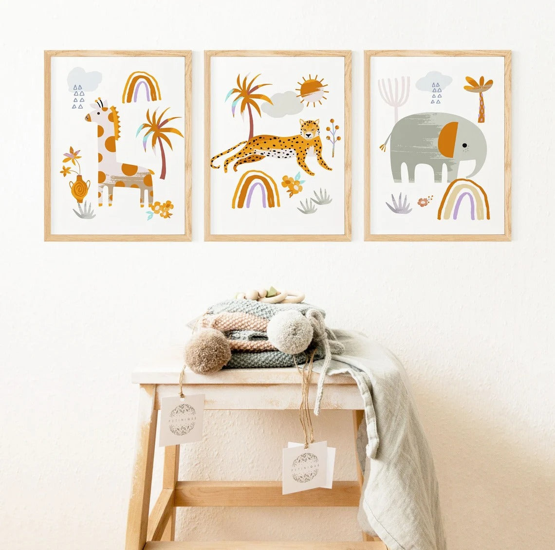 Set of 3 Nursery Safari Prints, Boho Animals Nursery Set, Wall Art Nursery, Gender Neutral Nursery Art, Elephant Giraffe Print Set Main image