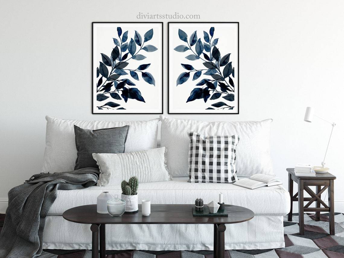 Abstract Blue Leaf Prints, Set of 2 Botanical Leaf Print Art in Navy Blue Secondary image
