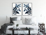 Abstract Blue Leaf Prints, Set of 2 Botanical Leaf Print Art in Navy Blue