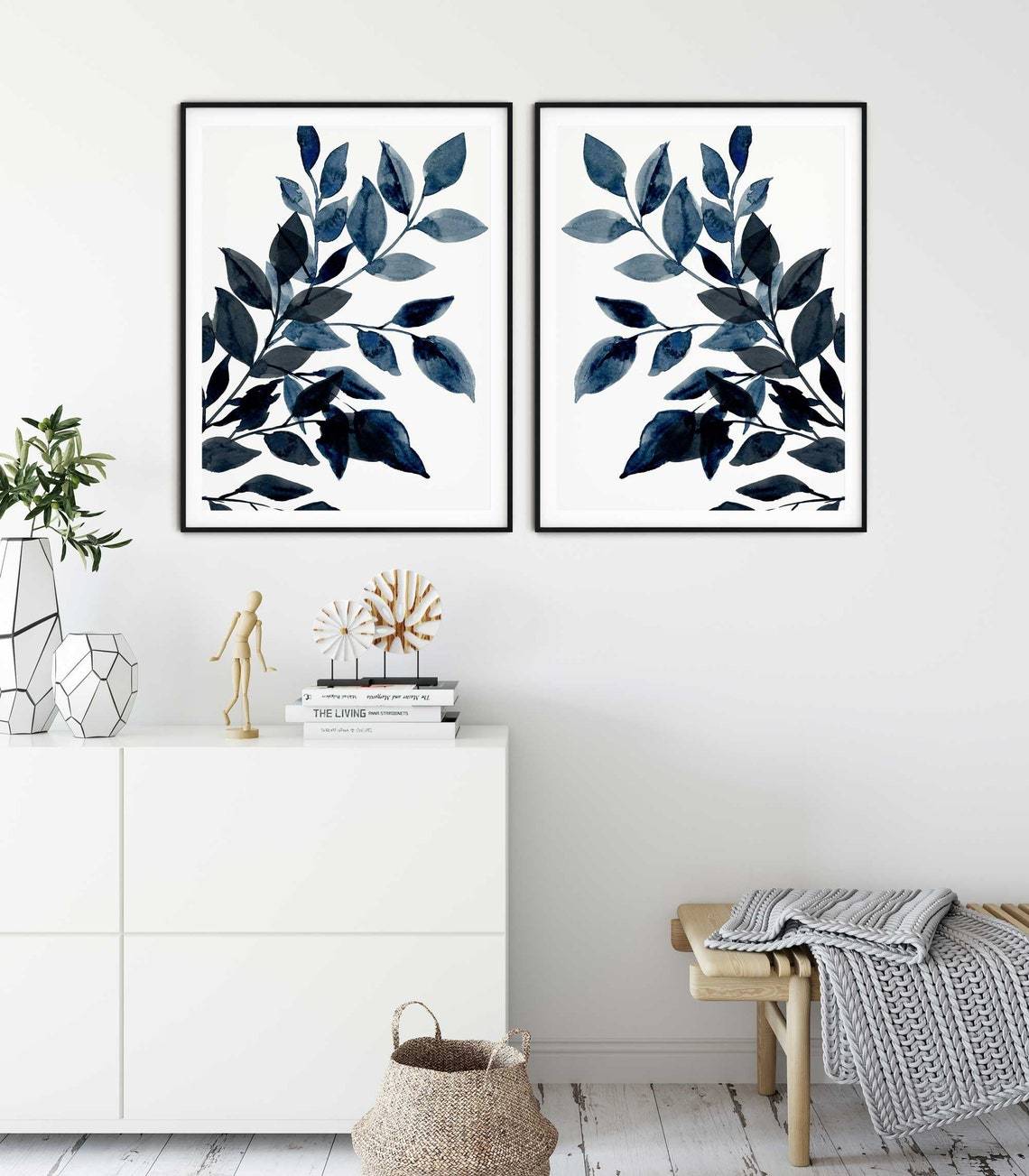 Abstract Blue Leaf Prints, Set of 2 Botanical Leaf Print Art in Navy Blue