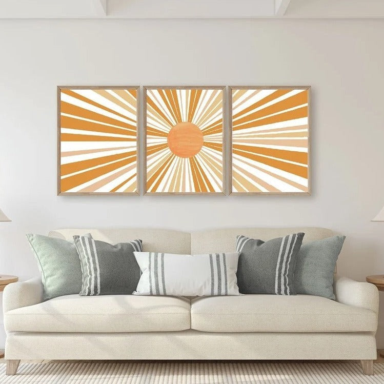 Sunburst Print Set of 3, Boho Living room decor, Sun Art Print, Orange Sun Print, Geometric Sun Wall Art, Retro Sun Print, Mid Century Art